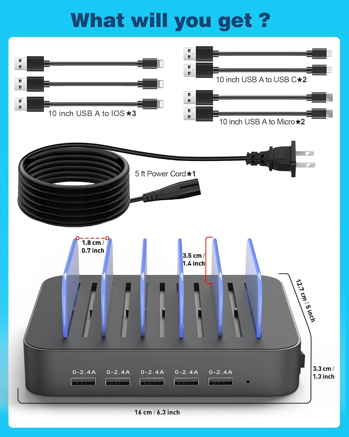 Charging Station for Multiple Devices : 5 Port Multi USB-A Charger Stations Multi-Device Organizer Charging Dock Designed for Iphone Ipad Cell Phone Tablets (7 Short Cables Included), Gray