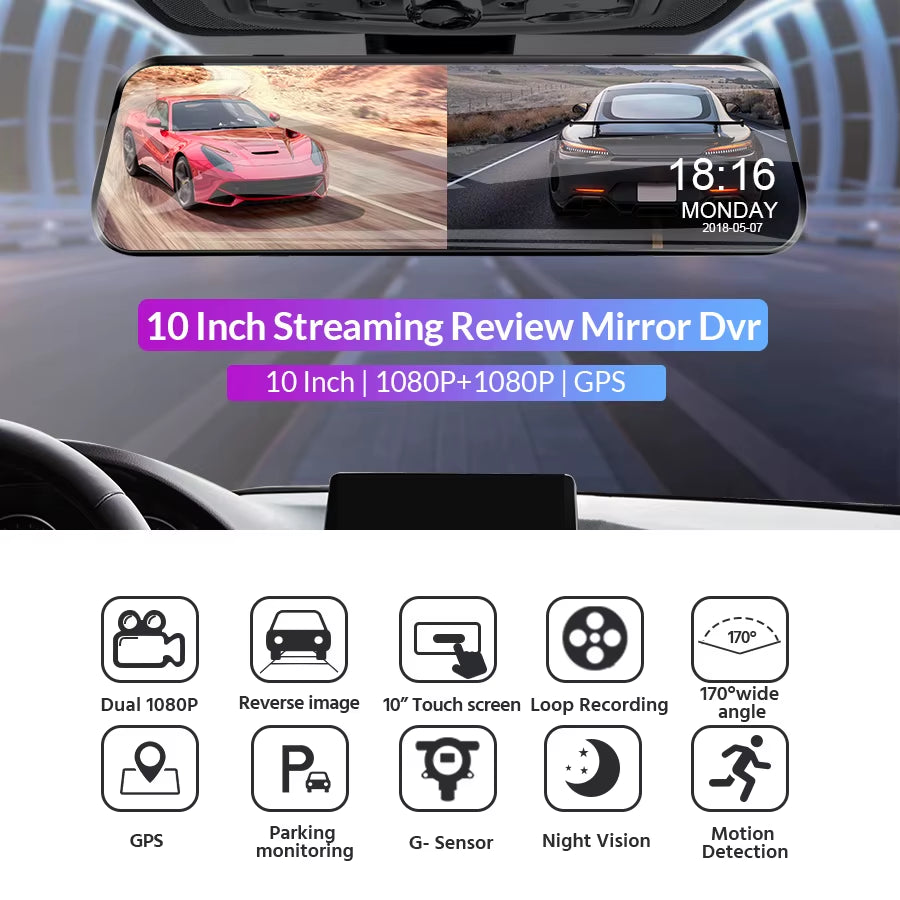 10 Inch Car DVR Car Touch Screen Video Recorder Dual 1080P Rearview Mirror Front and Rear HD Night Vision Camera Mirror