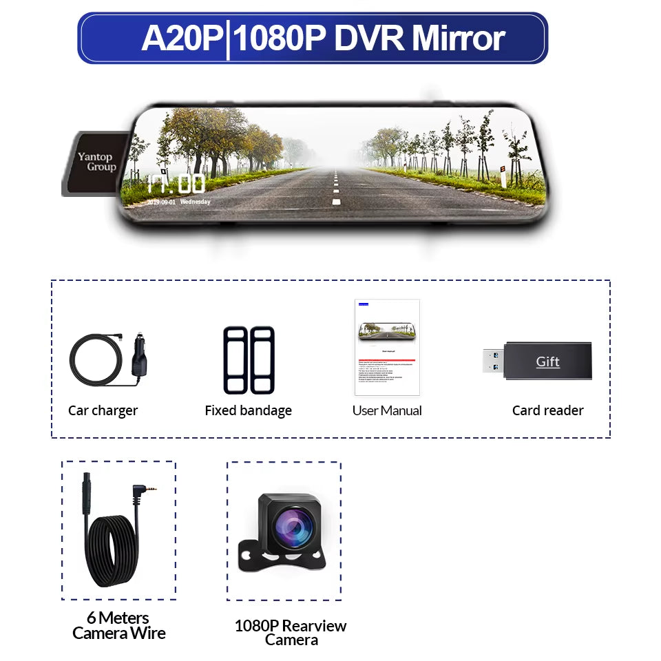 10 Inch Car DVR Car Touch Screen Video Recorder Dual 1080P Rearview Mirror Front and Rear HD Night Vision Camera Mirror